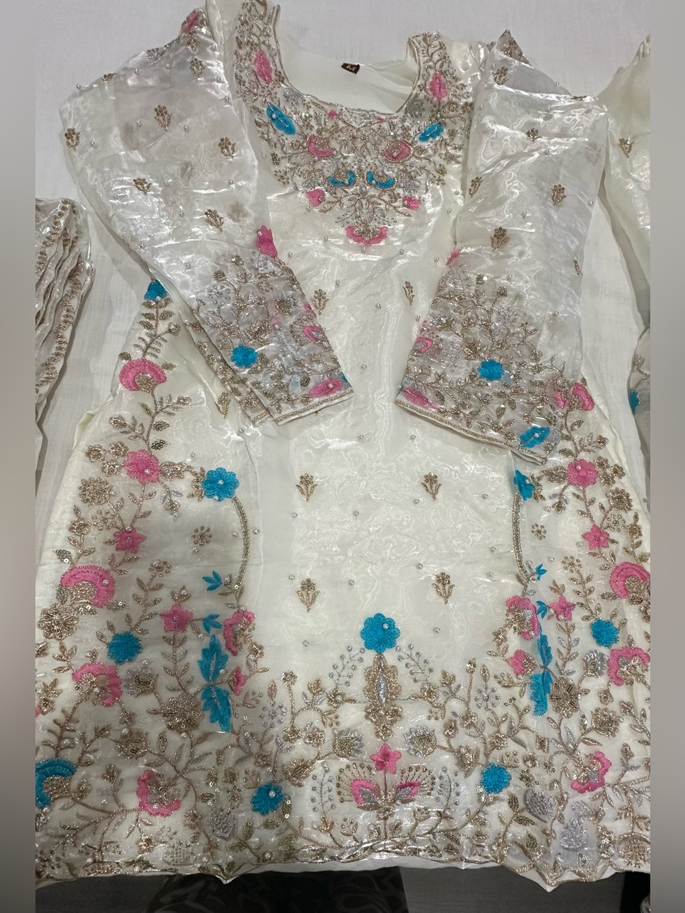 Indian Ethnic- Sharara Suit Dress - Elegant White Embroidered Pink&Blue